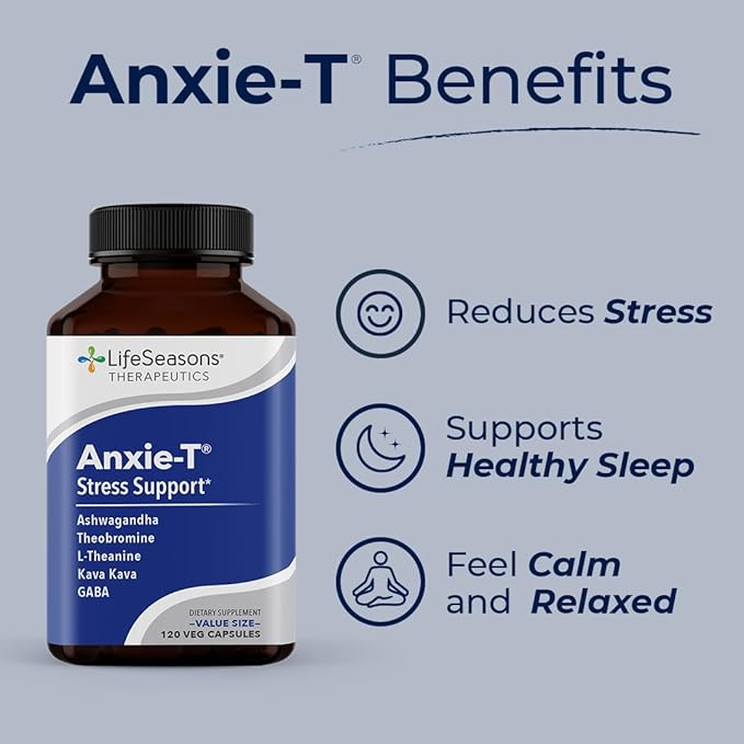 Anxie-T - Stress Relief Supplement - Supports Mood &amp Mental Focus - Feel Calm and Relaxed - Eases Tension &amp Nervousness - Ashwagandha Kava Kava GABA &amp L-Theanine - 120 Capsules