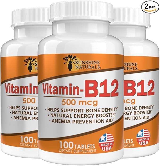 Sunshine Naturals Vitamin B12 500 mcg Dietary Supplement 100 Tablets (3 Pack)