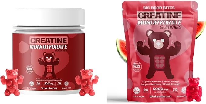 Creatine Monohydrate Gummies Bundle – Strawberry &amp Watermelon | 5000mg Per Serving | Sugar-Free Gluten-Free &amp Halal | 180 Gummies Total (2 x 90 Count) | Pre Workout &amp Muscle Support