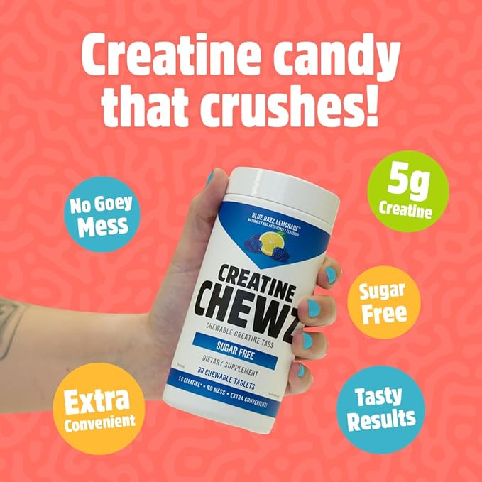 PVL Creatine Chewz – Sugar-Free Chewable Creatine Supplement for On-The-Go Use – 5g Creatine Monohydrate Per Day – Pre Workout &amp Muscle Recovery Support – 80 Tablets – Mixed Berry
