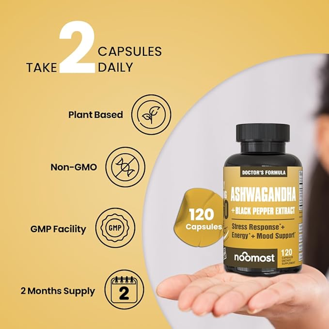 NooMost Ashwagandha 1200mg Supplement | 10% Withanolides with Black Pepper Extract | Pure Root Extract for Stress Relief Promotes Energy Mood Helathy Sleep for Men &amp Women | 120 Capsules