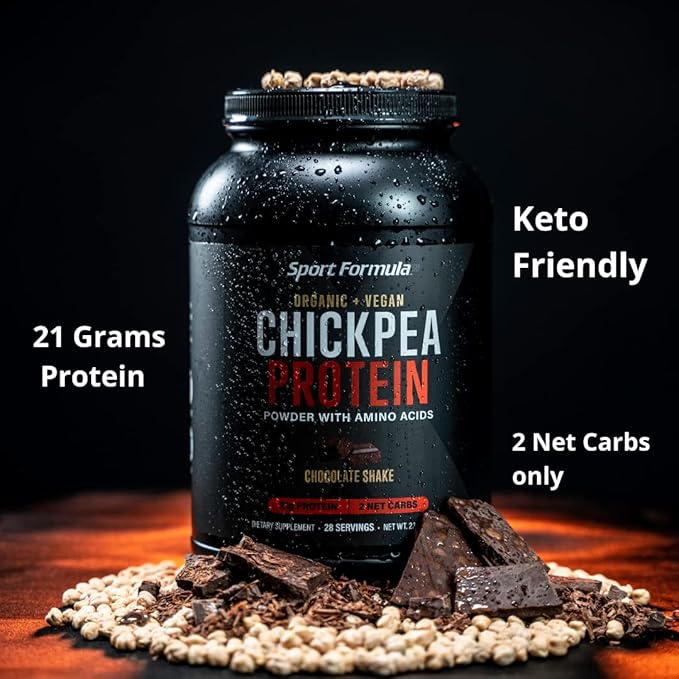 Sport Formula Chickpea Protein Powder Organic and Vegan Plant Based Protein All Natural Protein Powder with Essential Amino Acids Chocolate Flavor only 2 net Carbs with 21 Grams Protein