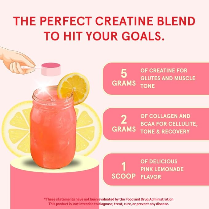 Peach Perfect Creatine Blend for Women – Micronized Creatine Monohydrate with BCAA &amp Collagen for Glute Strength Support – Pink Lemonade – 30 Servings