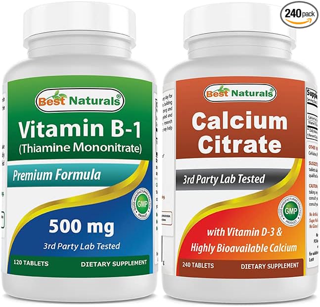 Best Naturals Vitamin B1 as Thiamine Mononitrate 500 mg &amp Calcium Citrate with Vitamin D-3
