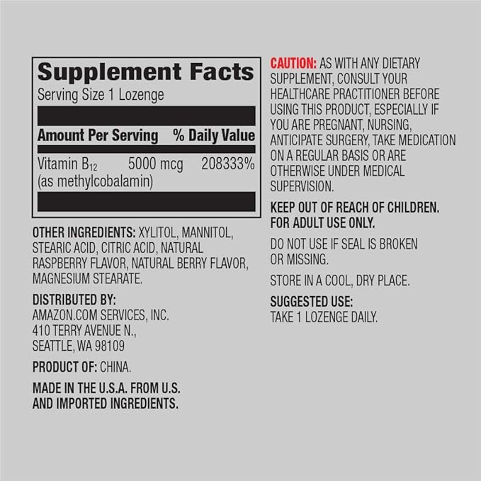 Amazon Elements Vitamin B12 Methylcobalamin 5000 mcg Berry Flavored Lozenges and Amazon Elements Iron 18mg Capsules