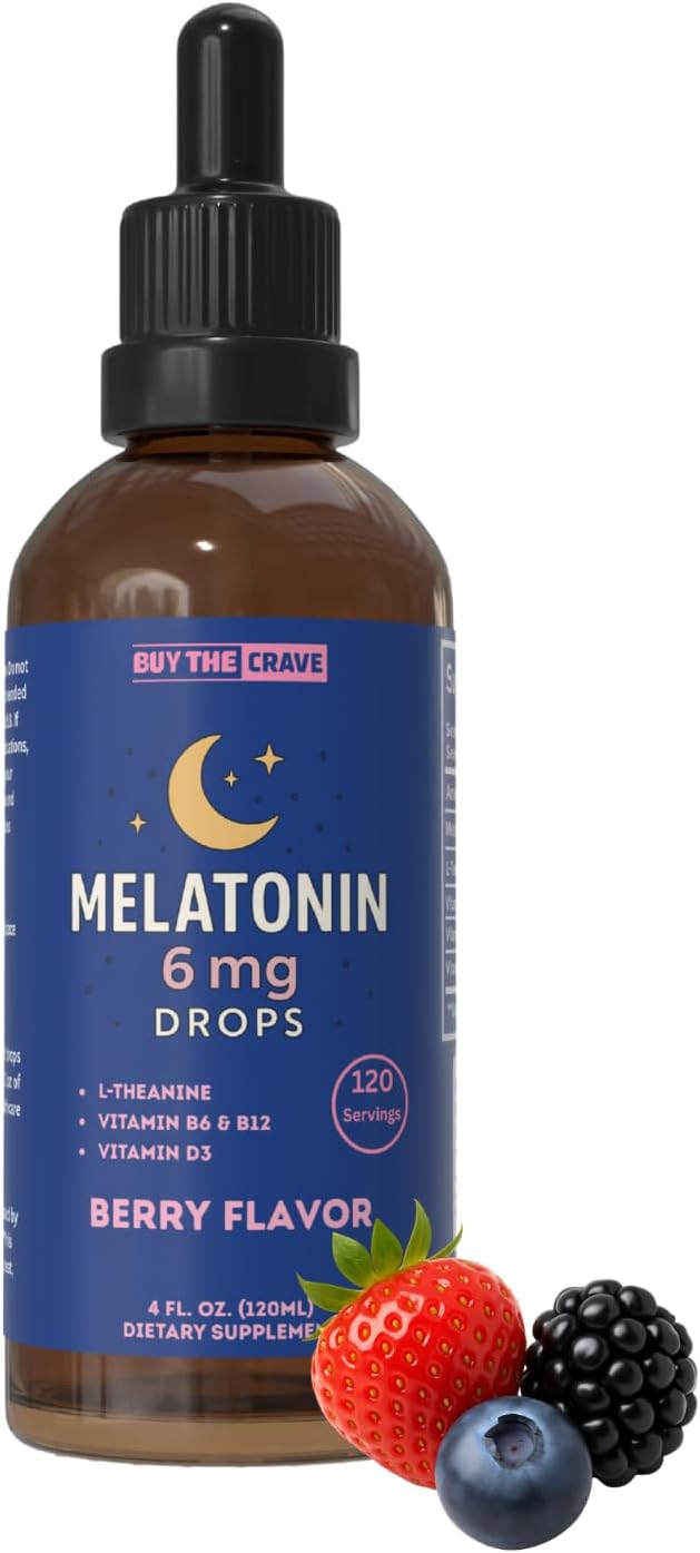 Melatonin Drops 6mg with L-Theanine Vitamin B6 B12 &amp D3 – Berry Flavor Sleep Support Fast-Acting Liquid Melatonin 4 fl oz (120mL) Natural Nighttime Relaxation Formula