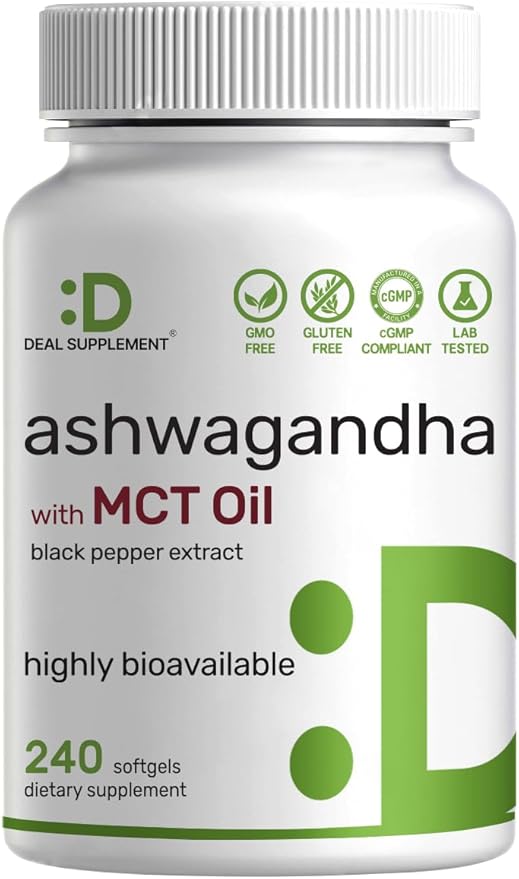 DEAL SUPPLEMENT Ashwagandha Extract 300mg with Black Pepper Extract 240 Softgels – Ayurvedic Root Extract with Added MCT Oil – Active Withanolides – Non-GMO Lab Tested
