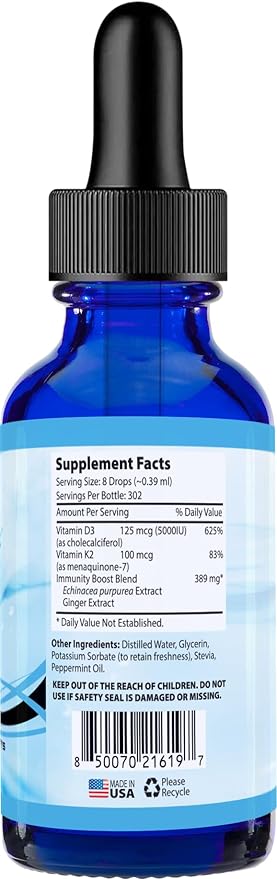 Absonutrix Vitamin D3 K2 Drops 390mg 4 Oz Liquid 302 Servings Made in USA Quick Absorption Quality Potent Ingredients Non-GMO GMP Certified Cruelty-Free Products (Immuni-D3)