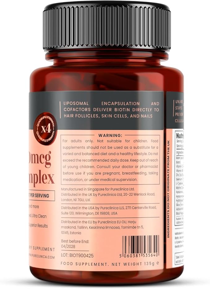 pureclinica 400% Strength Biotin 40000mcg x 180 Caplets (2 Bottles of 90) – BioVOL²® Liposomal Biotin Complex | with Marine Collagen Keratin Vitamin C &amp More | 6 Months Supply