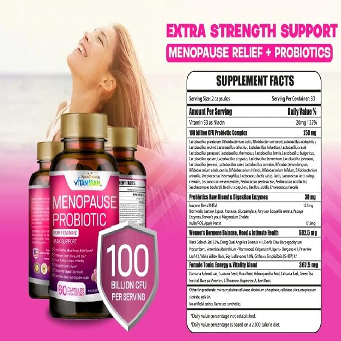 VITAMISAN Menopause Support Probiotic 2 Pack – 100 Billion CFU with Black Cohosh &amp Ashwagandha – Hormone-Free Prebiotics &amp Probiotics for Women – Feminine Care pH Balance &amp Mood Support