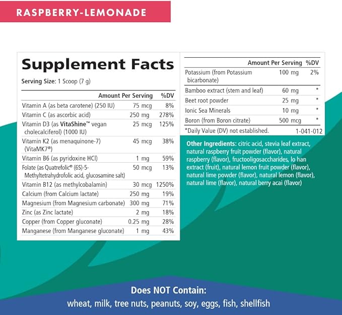 Ionic Fizz Super D-K Calcium Plus by Pure Essence - with Extra Magnesium Vitamin D3 Vitamin K2 for Strong Bones and Stress Support - Raspberry Lemonade - 7.41oz