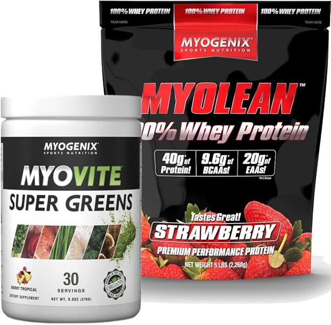 Myogenix Myovite Supergreens Powder &amp Myolean Strawberry Whey Protein Bundle – Digestion Immunity &amp 40g High-Protein Whey – Support Gut Health Muscle Growth &amp Recovery
