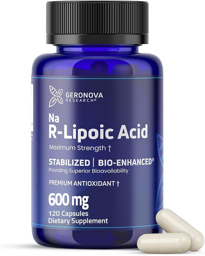 Geronova Research Bio-Enhanced R-Lipoic Acid 600 mg Dose - 2 Month Supply - Stabilized R Alpha Lipoic Acid with Enhanced Absorption - R Lipoic Acid Supplement - 120 Capsules