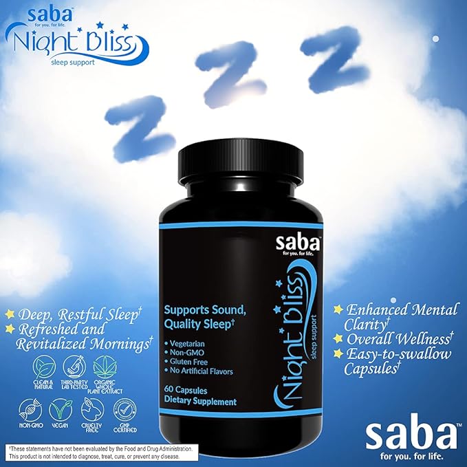 Saba Night Bliss Natural Sleep Aid | Non-Habit Forming | Sleep Supplement for Longer Sleep &amp Stress Relief w/Magnesium Melatonin GABA Chamomile &amp Valerian (60 Vegan Capsules 30 Day Supply