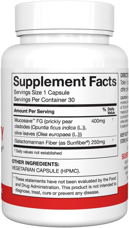 Silver Fern Regularity Digestive Supplement Capsules Brand - 1 Bottle = 30 Capsules = 30 Day Supply - Mucosave FG (Prickly Pear Polysaccharides &amp Olive Leaf Polyphenols) &amp SunFiber