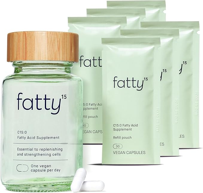 Fatty15 C15:0 Pentadecanoic Acid Supplement The Longevity Nutrient - 180 Vegan Capsules - 3X Cellular Benefits of Fish Oil EPA Omega 3 Supplements - Liver Support &amp Mitochondrial Health