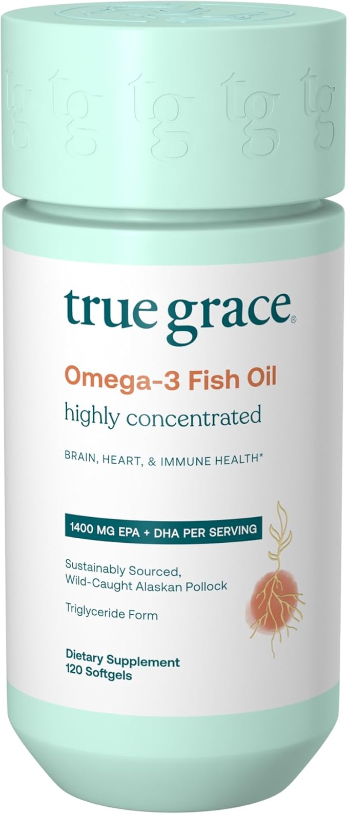 True Grace Omega-3 Fish Oil - 120 Softgels - 1400 mg EPA + DHA - Brain Heart Joint &amp Immune Health - Organic Gluten Free Soy Free