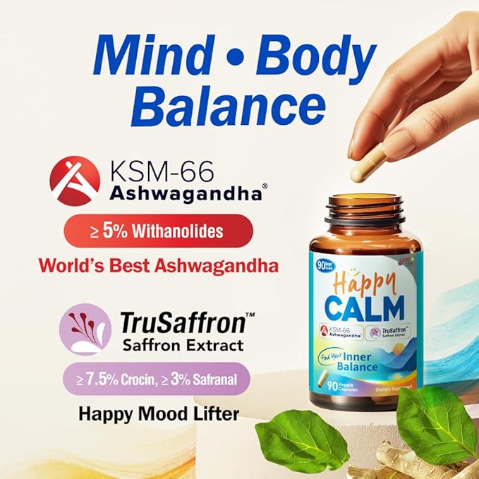 LABO Nutrition Happy Calm with KSM-66 Ashwagandha 5% Withanolides Saffron Extract and Black Pepper Extract for Stress Relief Energy Quality Sleep &amp Relaxation Non GMO 90 Veggie Capsules