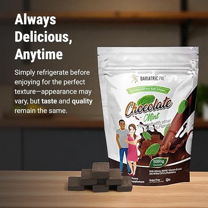 BariatricPal Sugar-Free Calcium Citrate Soft Chews | 500mg with Vitamin D &amp Probiotics | Chocolate Mint | 90 Count (1 Month Supply)