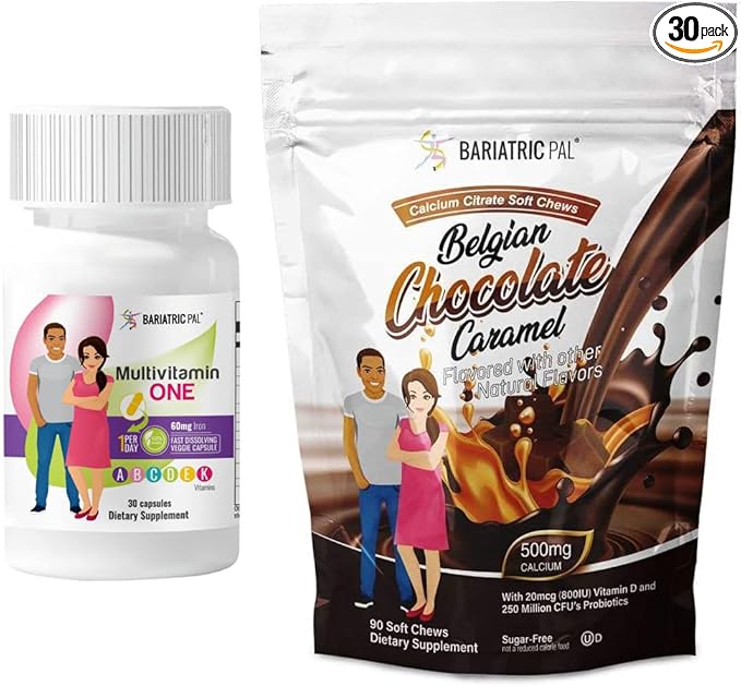 BariatricPal 30-Day Bariatric Vitamin Bundle (Multivitamin ONE 1 per Day! Capsule with 60mg Iron and Calcium Citrate Soft Chews 500mg with Probiotics - Belgian Chocolate Caramel)