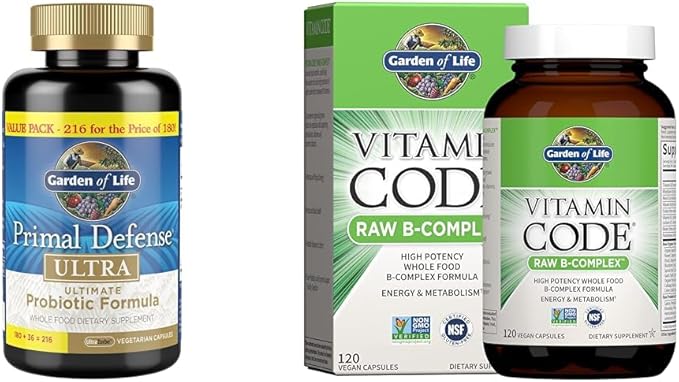 Garden of Life Probiotics &amp Vitamins B Complex - Primal Defense Ultra Ultimate Probiotic 216 Capsules + Raw B Complex 120 Vegan Capsules