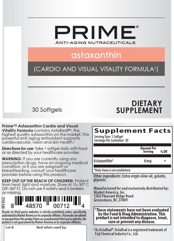 PRIME Astaxanthin Cardio and Visual Vitality Formula Anti-Aging Nutraceuticals Promotes Optimal Cardiovascular Health &amp Function Combats Free Radicals Market America (30 Soft Gels)