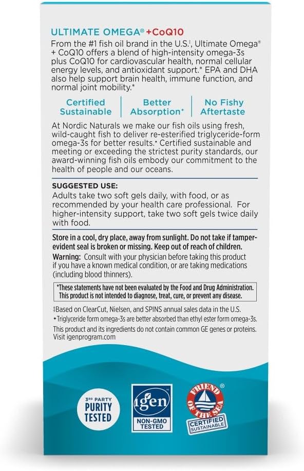 Nordic Naturals Ultimate Omega + CoQ10 Lemon - 90 Soft Gels - 1280 mg Omega-3 + 100 mg CoQ10 - Heart Health Cellular Energy Antioxidant Support - Non-GMO - 45 Servings