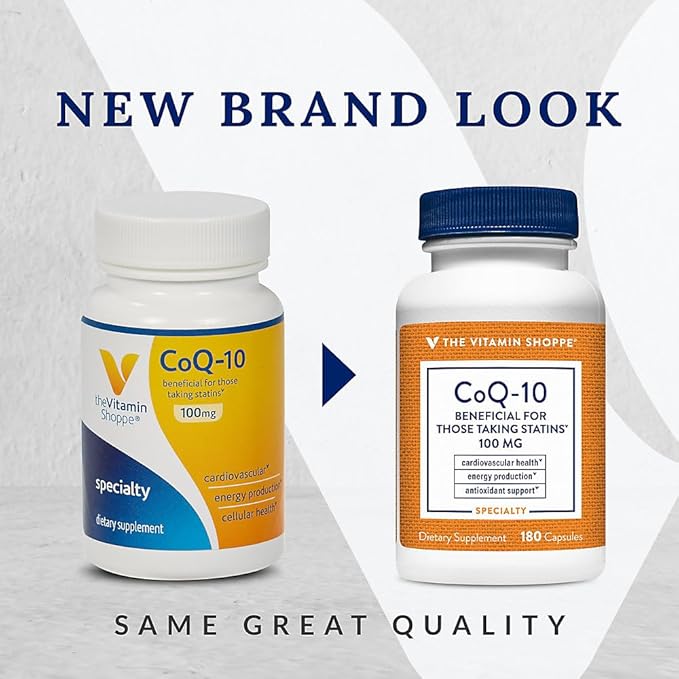 The Vitamin Shoppe CoQ-10 100mg - Beneficial for Those Taking Statins – Supports Heart &amp Cellular Health and Healthy Energy Production Essential Antioxidant – Once Daily (180 Capsules)