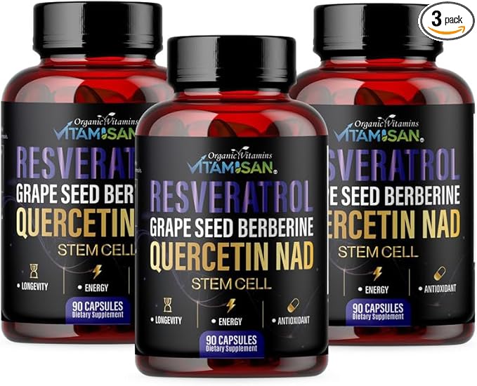 VITAMISAN Resveratrol NAD+ Quercetin Berberine &amp CoQ10 – Longevity &amp Antioxidant Support – 3 Bottles (270 Capsules) – Made in USA