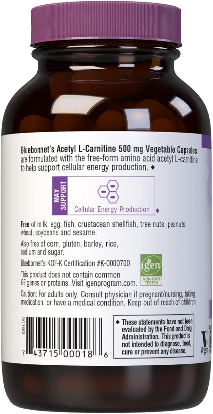 Bluebonnet Acetyl L-Carnitine 500 mg Vitamin Capsules 60 Count