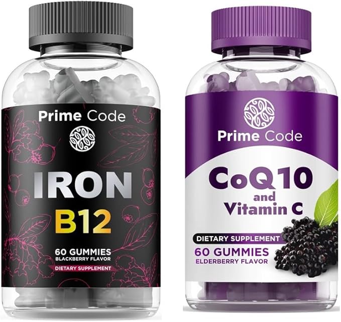 Prime Code Iron Gummies for Women &amp Men with Vitamin B12 [2 in 1] CoQ10 200mg &amp Vitamin C 250mg Gummies