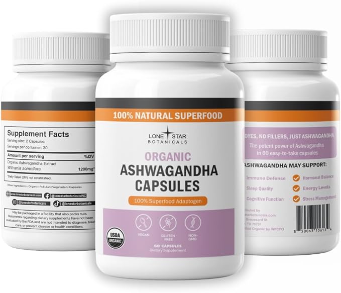 Organic Ashwagandha Capsules – 100% Pure Adaptogenic Superfood Made in the USA Natural Stress &amp Mood Support Convenient Daily Supplement – 60 Capsules per Bottle