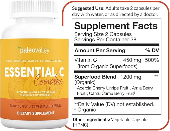 Paleovalley Organic Turmeric Complex + Essential C Complex Bundle – Full Spectrum Turmeric + Whole-Food Vitamin C – Joint Immune &amp Antioxidant Support – 56 Veg Capsules + 450mg Essential C