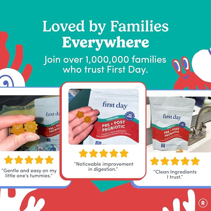 FIRST DAY Toddler Tribiotic Gummies (Ages 2-3) | Kids Probiotic Gummies | 3 in 1 Pre + Pro + Postbiotics for Kids Digestive &amp Immune Health - Kiwi 60 Counts (30 Days Supply)
