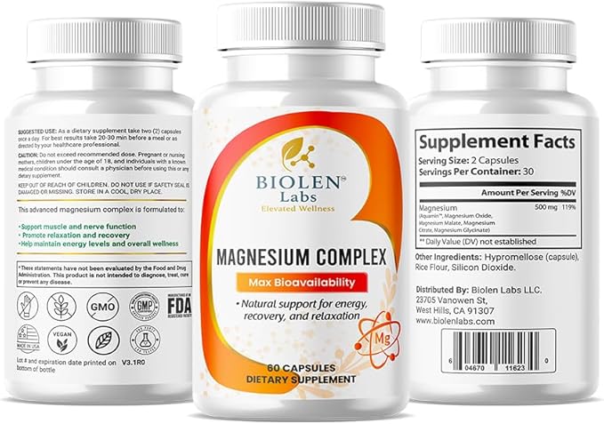 Magnesium Complex Max Bioavailability Formula for Energy Recovery Relaxation 60 Vegan Capsules Non-GMO Gluten-Free