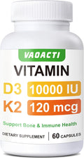 VAOACTI Vitamin D3 K2 Supplement 10000 IU D3 &amp 120 mcg MK-7 Bone Strength &amp Immune Support with B6 B12 Magnesium &amp Zinc Enhanced Absorption with Black Pepper 60 Capsules