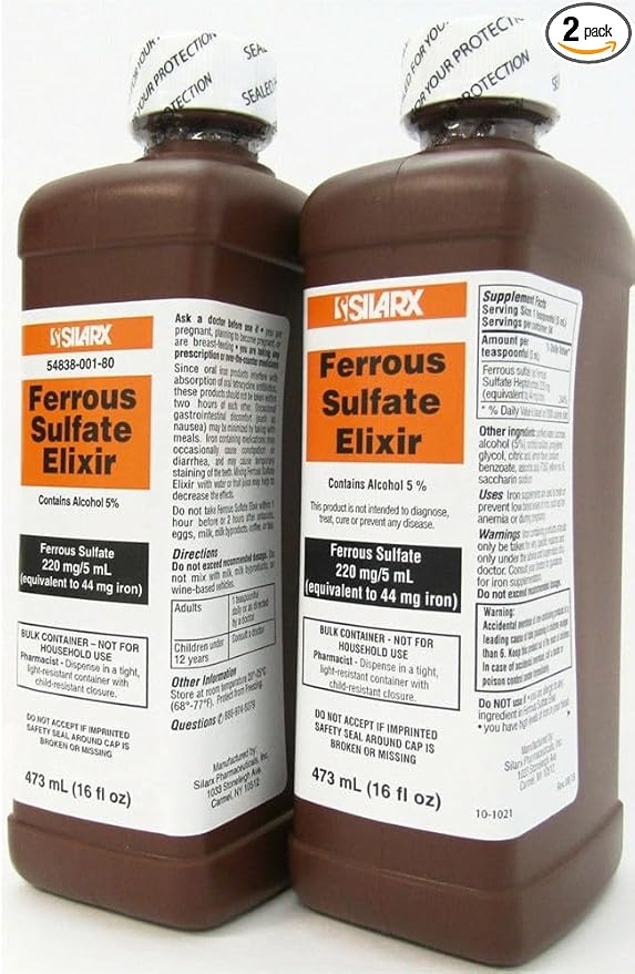Ferrous Sulfate Elixir 220mg/5mL 16oz Bottle - 2 Pack
