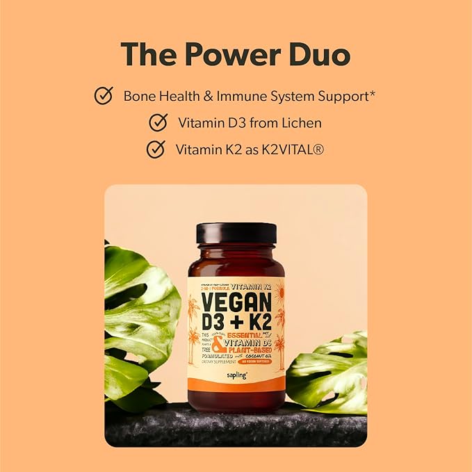sapling Vegan Vitamin D3 + K2 Supplement with MCT Oil from Coconut - 4000 IU Vitamin D and 100mcg Vitamin K2 as Mk7 - Calcium Absorption Bone Strength and Immune Health Support* - 60 Softgels