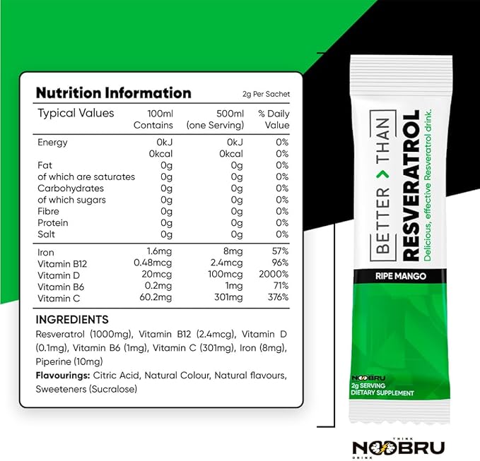 Noobru™ - Better Than - Resveratrol – Powerful Polyphenol Supplement with Fisetin &amp Mango Flavor for Longevity Cellular Health Brain Function &amp Anti-Aging Support