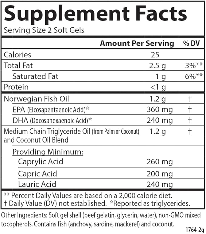 Carlson - MCT &amp Omega-3 Coconut Oil Caprylic &amp Capric Acids EPA &amp DHA Energy Production Fat Metabolism &amp Brain Health 120+30 Softgels