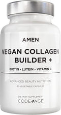 Amen Plant-Based Vegan Collagen Builder Supplement - Organic Whole Foods Lutein Vitamin C Biotin Lysine Proline Collagen Boosters - Organic Cranberry Lemon Strawberry - Once A Day - 30 Capsules
