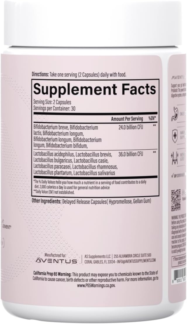 Aventus Women’s Daily Probiotic | 60 Billion CFU | Digestion and Immune Support | Delayed Release Acid Resistant Capsules | 30 Servings 60 ct