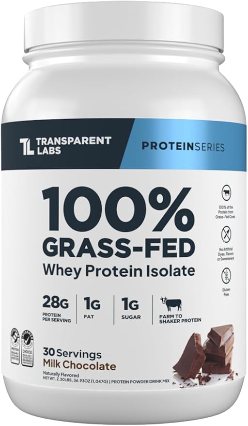 Transparent Labs Grass-Fed Whey Protein Isolate - Naturally Flavored Gluten Free Whey Protein Powder with 28g of Protein per Serving &amp 9 Amino Acids - 30 Servings Milk Chocolate