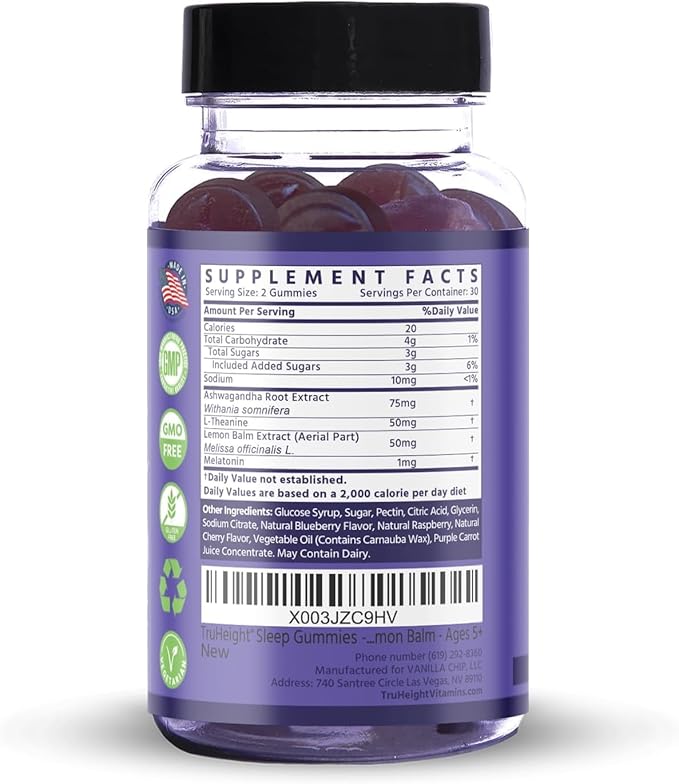 TruHeight Sleep Gummies - Kids &amp Teen Natural Sleep Aid for Tall &amp Growing Bodies - Pediatric Recommended Growth - Melatonin Gummy Ashwagandha L-Theanine Lemon Balm - Mixed Berry Taller Ag