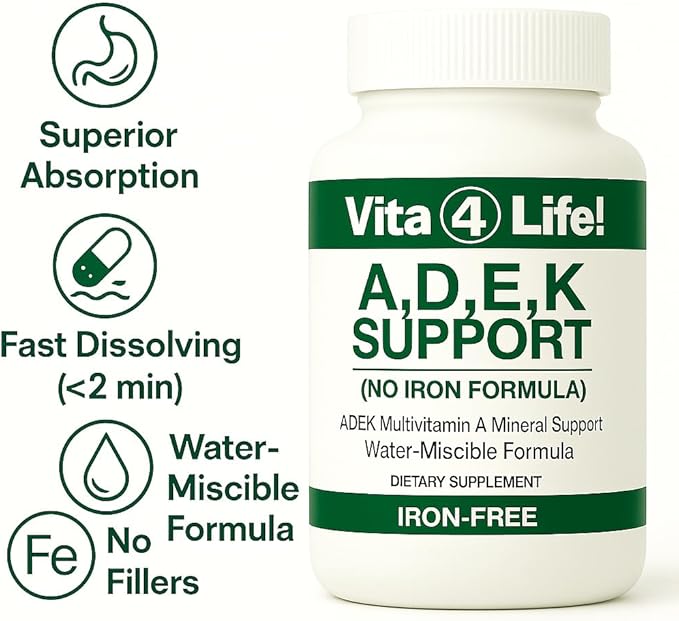 Vita4Life!® ADEK Fat Soluble Vitamins A D E K - High Absorption Bariatric Multivitamin - No Iron Formula with B-Complex &amp Calcium - 60 Fast Dissolving Capsules for Post Surgery &amp General Healt