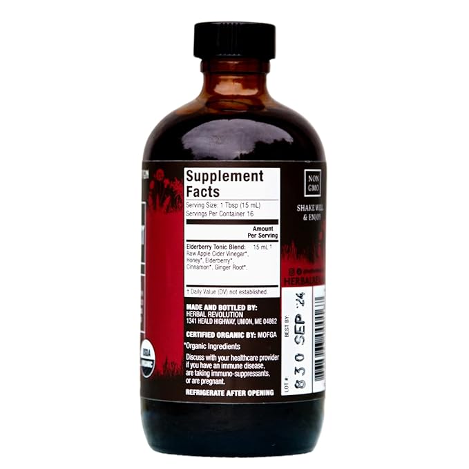 Herbal Revolution Elderberry Tonic - Certified Organic Non-GMO Apple Cider Vinegar Infused with Cinnamon Bark Raw Honey Ginger &amp More - Made Using Regenerative Farming Practices - 8 Oz