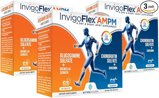 INVIGOFLEX Glucosamine &amp Chondroitin Sulfate - Turmeric Curcumin - Boswellia Serrata (Non GMO) 24 - Hour Premium Joint Supplement AMPM - 3 Pack