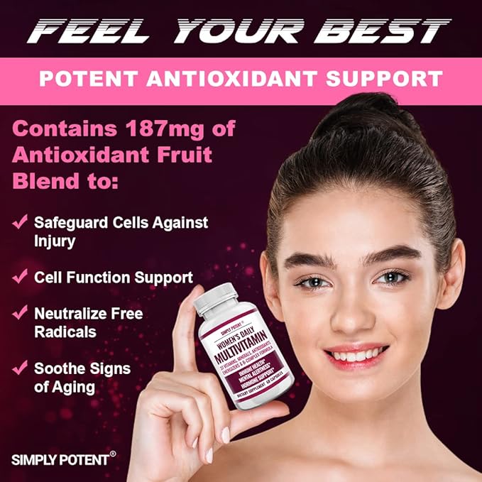 Simply Potent | Women's Multivitamin – 37 Vitamins &amp Minerals with Biotin Vitamins A C D E B12 Folate Zinc Magnesium Calcium &amp Green Tea Extract | Non-GMO Gluten-Free | 60 Capsules