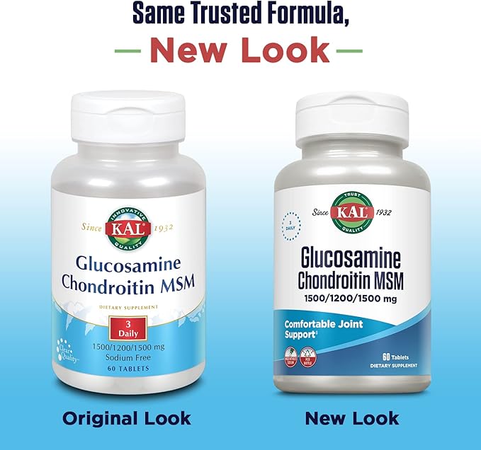 KAL Glucosamine Chondroitin MSM Joint Support Supplement for Women and Men 1500mg Glucosamine Sulfate 1200mg Chondroitin 1500mg MSM Rapid Disintegration 60-Day Guarantee 20 Servings 60 Tablets