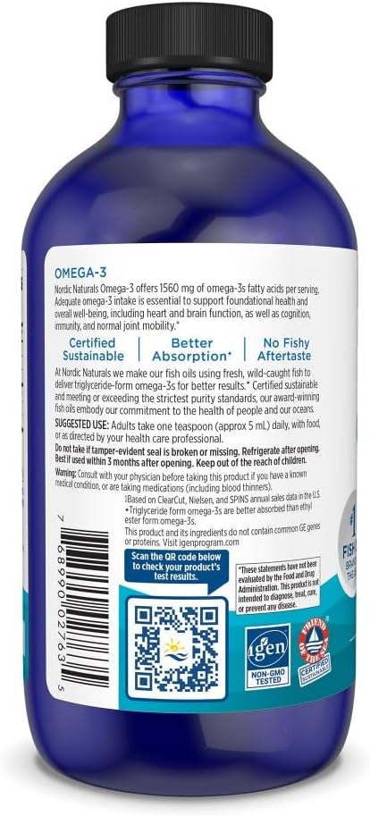 Nordic Naturals Omega-3 Lemon Flavor - 8 oz - 1560 mg Omega-3 - Fish Oil - EPA &amp DHA - Immune Support Brain &amp Heart Health Optimal Wellness - Non-GMO - 48 Servings